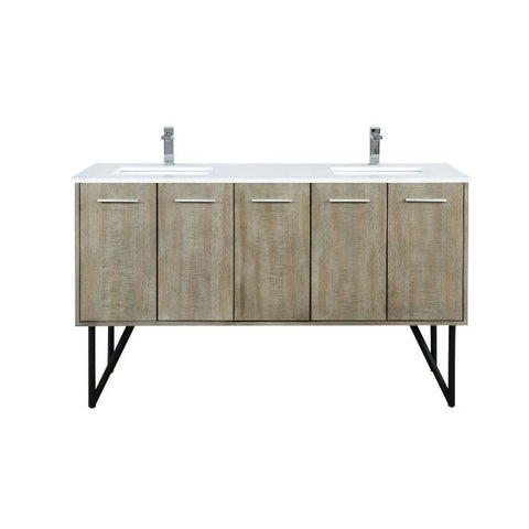 Image of Lexora Lancy Modern Rustic Acacia 60" Double Square Sink Bathroom Vanity w/ White Quartz Top and Labaro Rose Gold Faucet | LLC60DKSOS000FRG