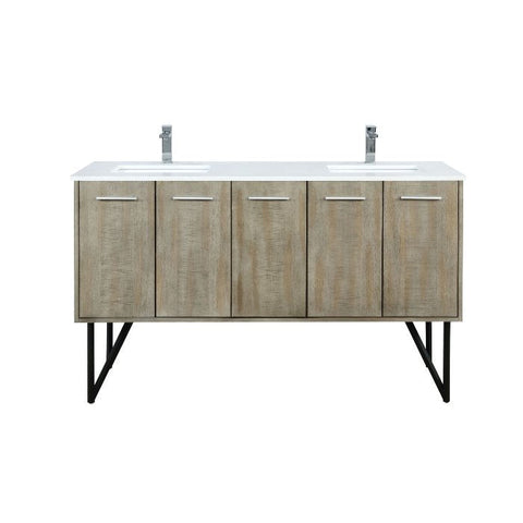 Image of Lexora Lancy Modern Rustic Acacia 60" Double Square Sink Bathroom Vanity w/ White Quartz Top and Balzani Gun Metal Faucet | LLC60DKSOS000FGM