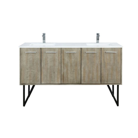 Image of Lexora Lancy Modern Rustic Acacia 60" Double Square Sink Bathroom Vanity w/ White Quartz Top and Monte Chrome Faucet | LLC60DKSOS000FCH