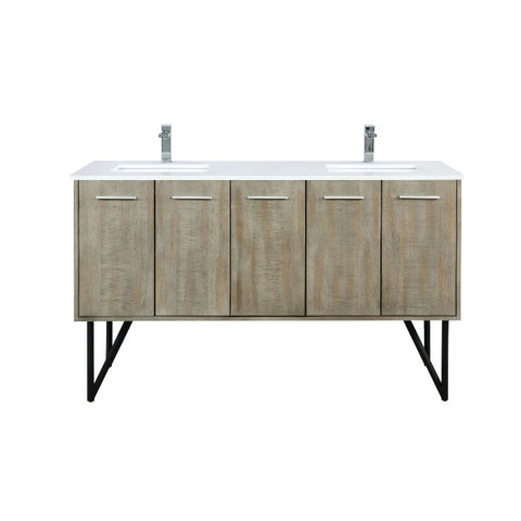 Image of Lexora Lancy Modern Rustic Acacia 60" Double Square Sink Bathroom Vanity w/ White Quartz Top and Labaro Brushed Nickel Faucet | LLC60DKSOS000FBN