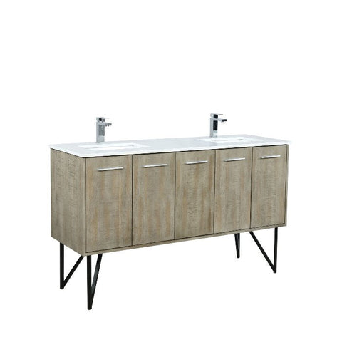 Image of Lexora Lancy Modern Rustic Acacia 60" Double Square Sink Bathroom Vanity w/ White Quartz Top and Labaro Rose Gold Faucet | LLC60DKSOS000FRG