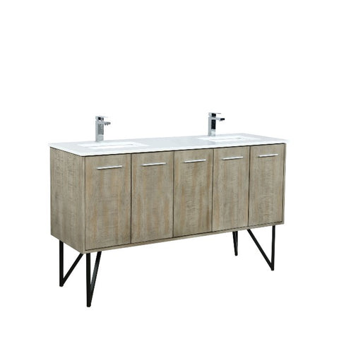 Image of Lexora Lancy Modern Rustic Acacia 60" Double Square Sink Bathroom Vanity w/ White Quartz Top and Labaro Brushed Nickel Faucet | LLC60DKSOS000FBN