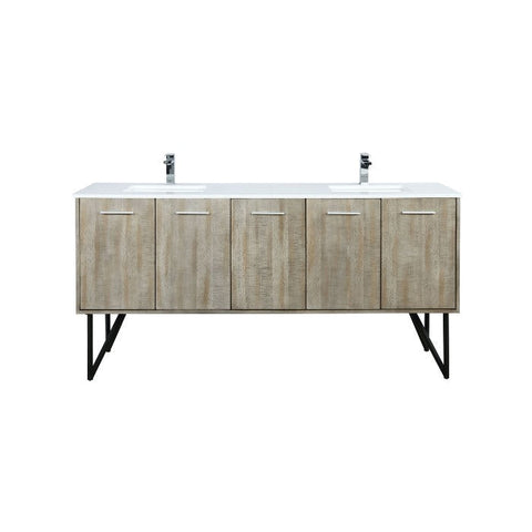 Image of Lexora Lancy Modern Rustic Acacia 72" Double Square Sink Bathroom Vanity w/ White Quartz Top and Balzani Gun Metal Faucet | LLC72DKSOS000FGM