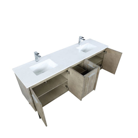 Image of Lexora Lancy Modern Rustic Acacia 72" Double Square Sink Bathroom Vanity w/ White Quartz Top and Labaro Rose Gold Faucet | LLC72DKSOS000FRG