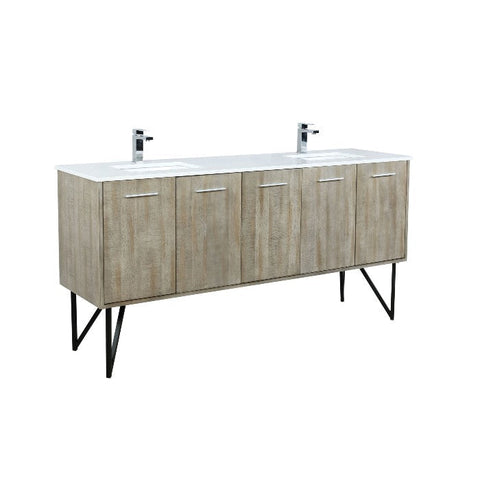 Image of Lexora Lancy Modern Rustic Acacia 72" Double Square Sink Bathroom Vanity w/ White Quartz Top and Balzani Gun Metal Faucet | LLC72DKSOS000FGM