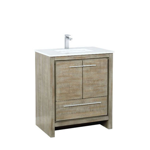 Image of Lexora Lafarre Contemporary 30" Rustic Acacia Single Sink Bathroom Vanity with White Quartz Top and Labaro Brushed Nickel Faucet | LLF30SKSOS000FBN