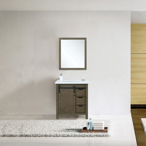 Image of Marsyas 30" Rustic Brown Single Vanity, White Quartz Top and 28" Mirror | LM342230SKCSM28