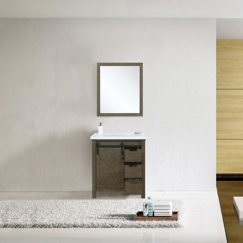 Image of Marsyas 30" Rustic Brown Single Vanity, White Quartz Top and 28" Mirror | LM342230SKCSM28