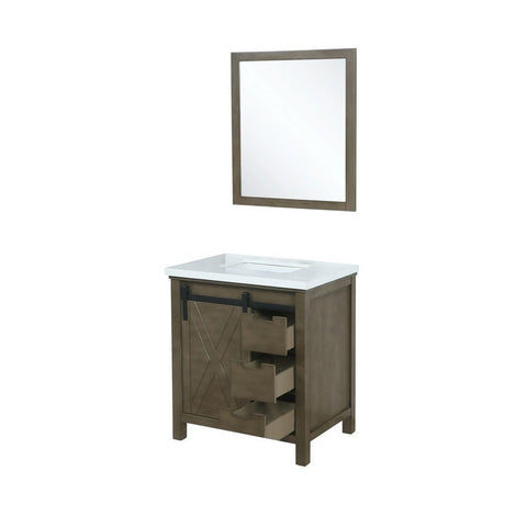 Image of Marsyas 30" Rustic Brown Single Vanity, White Quartz Top and 28" Mirror | LM342230SKCSM28