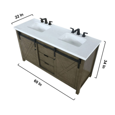 Image of Marsyas 60" Rustic Brown Double Vanity Set, White Quartz Top | LM342260DKCSM24F