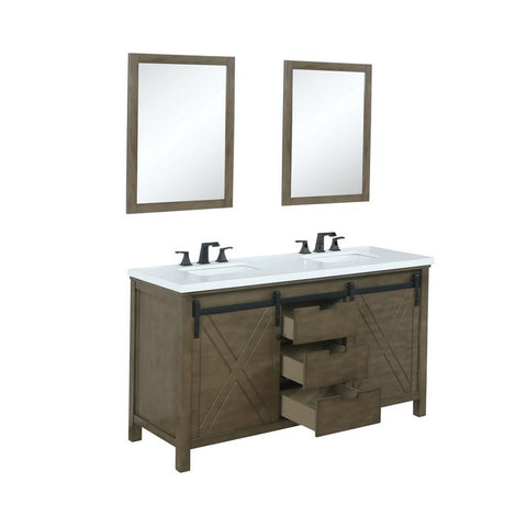 Image of Marsyas 60" Rustic Brown Double Vanity Set, White Quartz Top | LM342260DKCSM24F