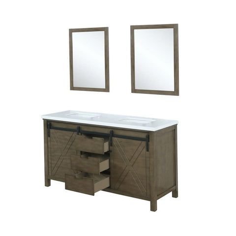 Image of Marsyas 60" Rustic Brown Double Vanity, White Quartz Top and 24" Mirrors | LM342260DKCSM24