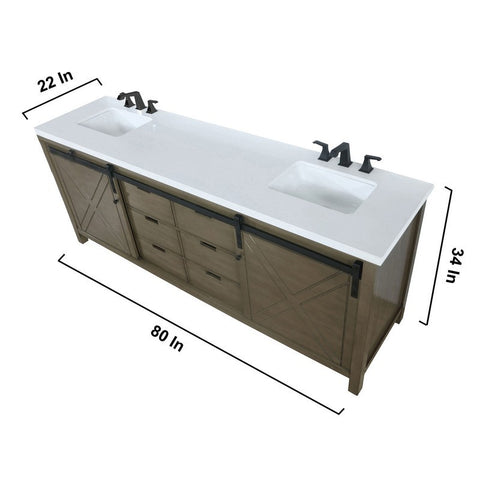 Image of Marsyas 80" Rustic Brown Double Vanity Set, White Quartz Top 30" Mirrors w/ Faucets | LM342280DKCSM30F
