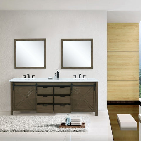 Image of Marsyas 80" Rustic Brown Double Vanity Set, White Quartz Top 30" Mirrors w/ Faucets | LM342280DKCSM30F