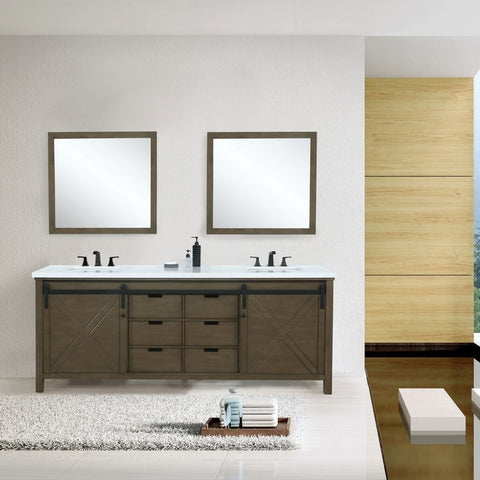 Image of Marsyas 80" Rustic Brown Double Vanity Set, White Quartz Top 30" Mirrors w/ Faucets | LM342280DKCSM30F