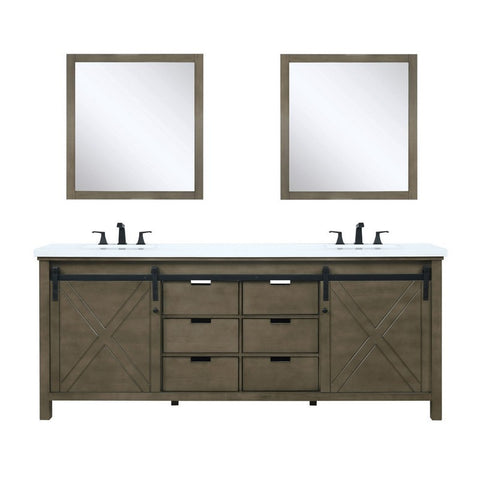 Image of Marsyas 80" Rustic Brown Double Vanity Set, White Quartz Top 30" Mirrors w/ Faucets | LM342280DKCSM30F