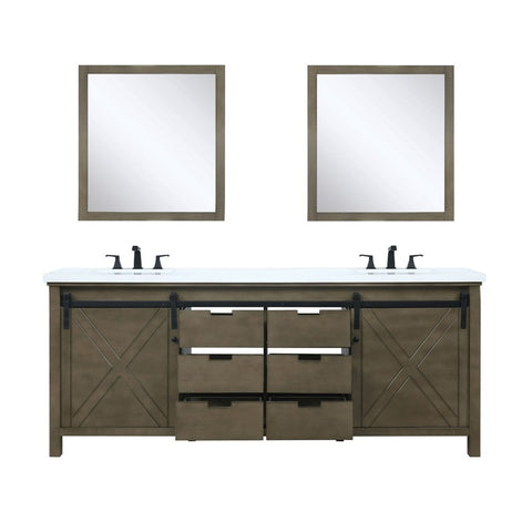 Image of Marsyas 80" Rustic Brown Double Vanity Set, White Quartz Top 30" Mirrors w/ Faucets | LM342280DKCSM30F
