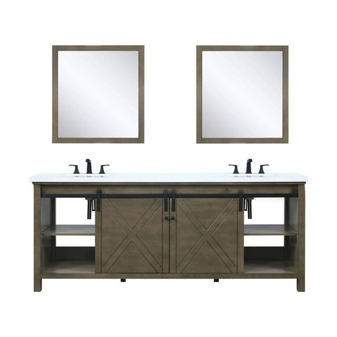 Image of Marsyas 80" Rustic Brown Double Vanity Set, White Quartz Top 30" Mirrors w/ Faucets | LM342280DKCSM30F