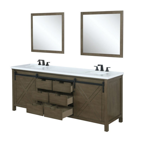 Image of Marsyas 80" Rustic Brown Double Vanity Set, White Quartz Top 30" Mirrors w/ Faucets | LM342280DKCSM30F