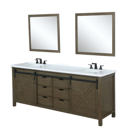 Image of Marsyas 80" Rustic Brown Double Vanity Set, White Quartz Top 30" Mirrors w/ Faucets | LM342280DKCSM30F