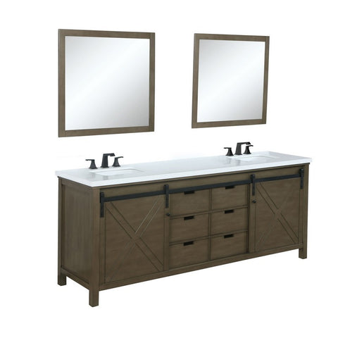 Image of Marsyas 80" Rustic Brown Double Vanity Set, White Quartz Top 30" Mirrors w/ Faucets | LM342280DKCSM30F