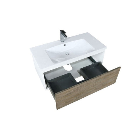 Image of Lexora Scopi Modern 36" Rustic Acacia Bathroom Vanity w/ Acrylic Composite Top, and Balzani Gun Metal Faucet | LSC36SRAOS000FGM