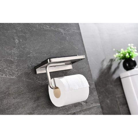 Image of Lexora Bagno Bianca Stainless Steel Black Glass Shelf w/ Toilet Paper Holder - Brushed Nickel | LSP18152BNBG