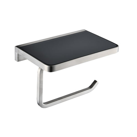 Image of Lexora Bagno Bianca Stainless Steel Black Glass Shelf w/ Toilet Paper Holder - Brushed Nickel | LSP18152BNBG