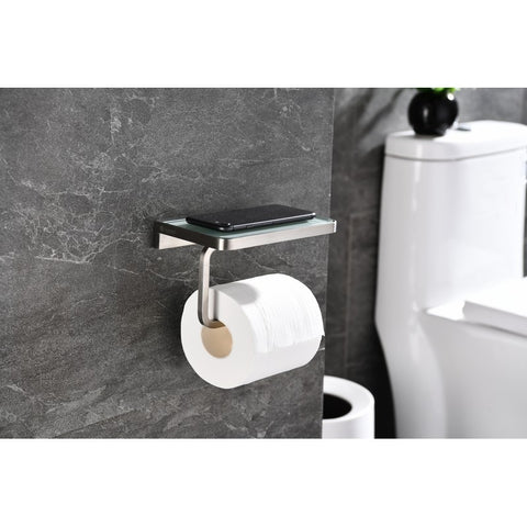 Image of Lexora Bagno Bianca Stainless Steel White Glass Shelf w/ Toilet Paper Holder - Brushed Nickel | LSP18152BNWG