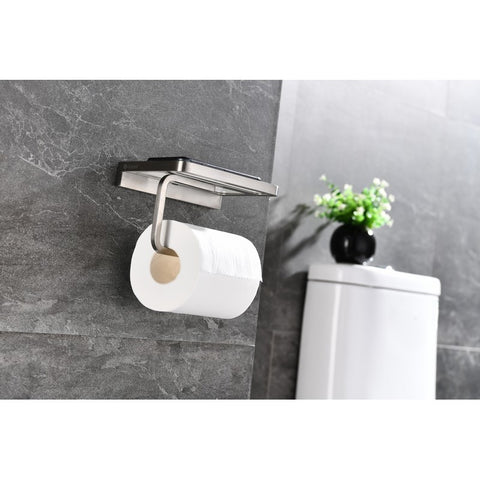 Image of Lexora Bagno Bianca Stainless Steel White Glass Shelf w/ Toilet Paper Holder - Brushed Nickel | LSP18152BNWG