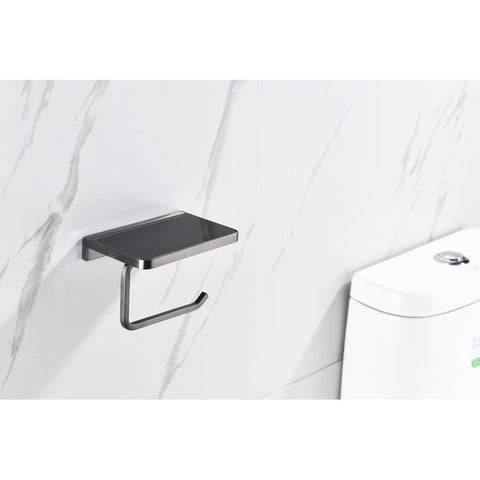 Image of Lexora Bagno Bianca Stainless Steel Black Glass Shelf w/ Toilet Paper Holder - Gun Metal | LSP18152GMBG
