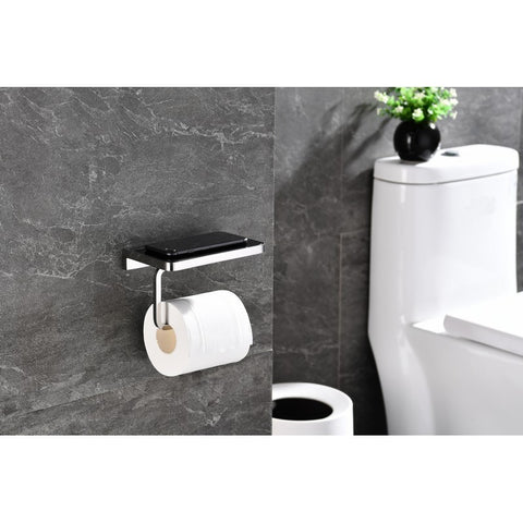Image of Lexora Bagno Bianca Stainless Steel Black Glass Shelf w/ Toilet Paper Holder - Chrome | LSP18152PCBG