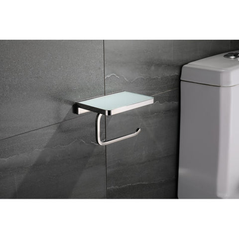 Image of Lexora Bagno Bianca Stainless Steel White Glass Shelf w/ Toilet Paper Holder - Chrome | LSP18152PCWG
