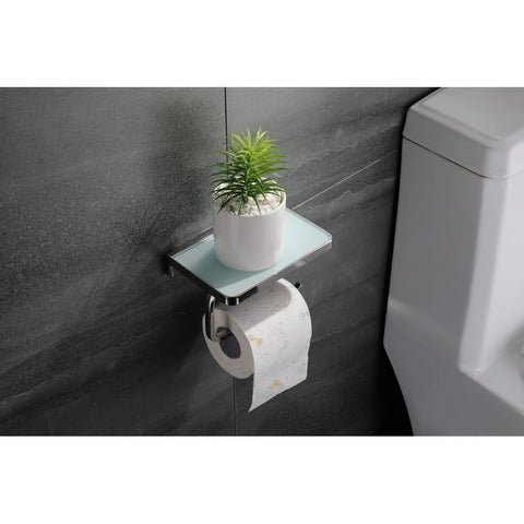 Image of Lexora Bagno Bianca Stainless Steel White Glass Shelf w/ Toilet Paper Holder - Chrome | LSP18152PCWG