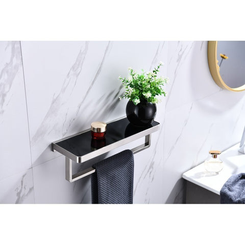 Image of Lexora Bagno Bianca Stainless Steel Black Glass Shelf w/ Towel Bar - Brushed Nickel | LST18152BNBG