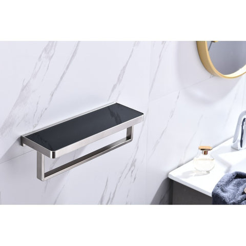 Image of Lexora Bagno Bianca Stainless Steel Black Glass Shelf w/ Towel Bar - Brushed Nickel | LST18152BNBG