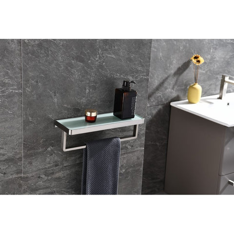 Image of Lexora Bagno Bianca Stainless Steel White Glass Shelf w/ Towel Bar - Brushed Nickel | LST18152BNWG