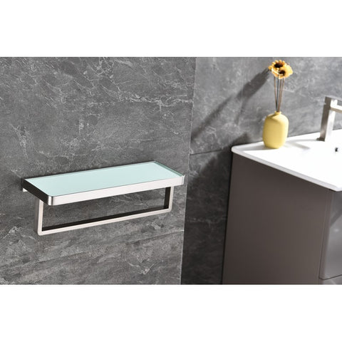 Image of Lexora Bagno Bianca Stainless Steel White Glass Shelf w/ Towel Bar - Brushed Nickel | LST18152BNWG