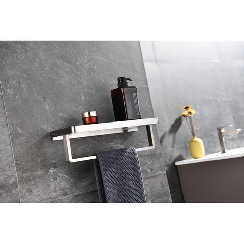 Image of Lexora Bagno Bianca Stainless Steel White Glass Shelf w/ Towel Bar - Brushed Nickel | LST18152BNWG