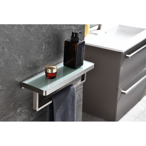Image of Lexora Bagno Bianca Stainless Steel White Glass Shelf w/ Towel Bar - Brushed Nickel | LST18152BNWG