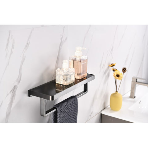 Image of Lexora Bagno Bianca Stainless Steel Black Glass Shelf w/ Towel Bar - Gun Metal | LST18152GMBG