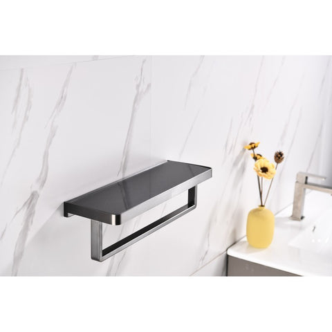 Image of Lexora Bagno Bianca Stainless Steel Black Glass Shelf w/ Towel Bar - Gun Metal | LST18152GMBG