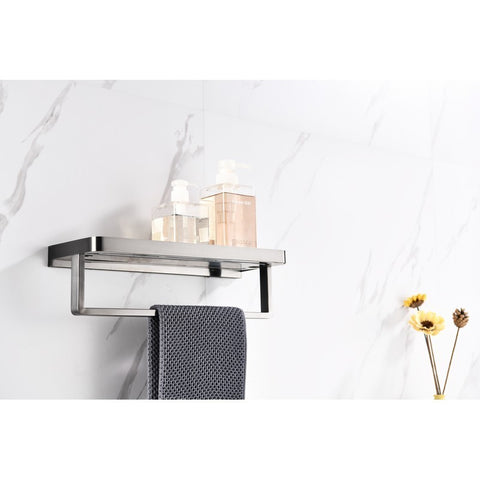 Image of Lexora Bagno Bianca Stainless Steel Black Glass Shelf w/ Towel Bar - Gun Metal | LST18152GMBG