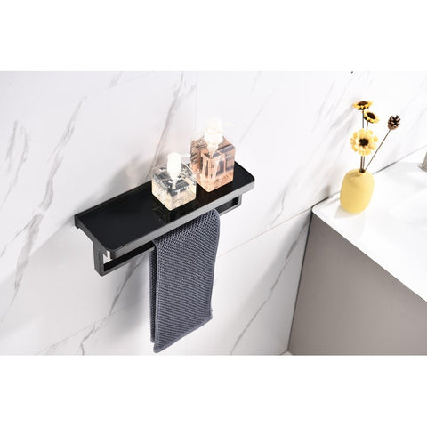 Image of Lexora Bagno Bianca Stainless Steel Black Glass Shelf w/ Towel Bar - Gun Metal | LST18152GMBG