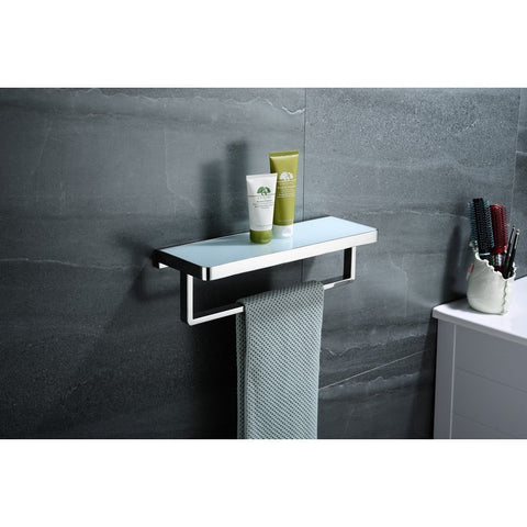 Image of Lexora Bagno Bianca Stainless Steel White Glass Shelf w/ Towel Bar - Chrome | LST18152PCWG