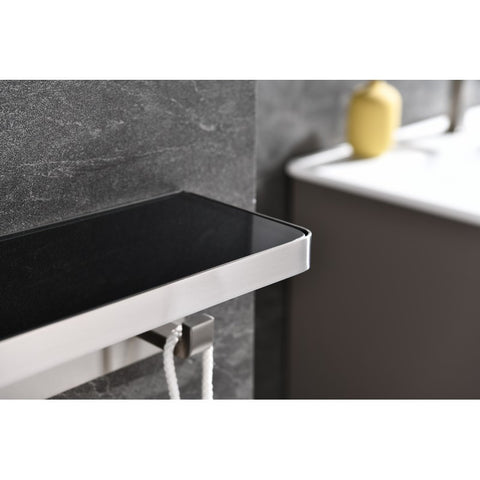 Image of Lexora Bagno Bianca Stainless Steel Black Glass Shelf w/ Towel Bar & Robe Hook - Brushed Nickel| LSTR18152BNBG