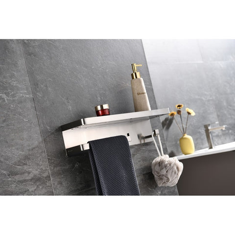 Image of Lexora Bagno Bianca Stainless Steel Black Glass Shelf w/ Towel Bar & Robe Hook - Brushed Nickel| LSTR18152BNBG