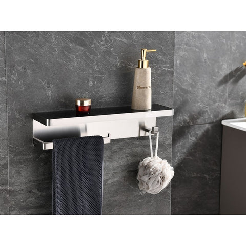 Image of Lexora Bagno Bianca Stainless Steel Black Glass Shelf w/ Towel Bar & Robe Hook - Brushed Nickel| LSTR18152BNBG