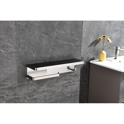 Image of Lexora Bagno Bianca Stainless Steel Black Glass Shelf w/ Towel Bar & Robe Hook - Brushed Nickel| LSTR18152BNBG