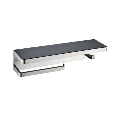 Image of Lexora Bagno Bianca Stainless Steel Black Glass Shelf w/ Towel Bar & Robe Hook - Brushed Nickel| LSTR18152BNBG